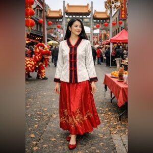 Chinese Style Brocade Jacket / Tang-Style – White with Red & Black Trim Size S.